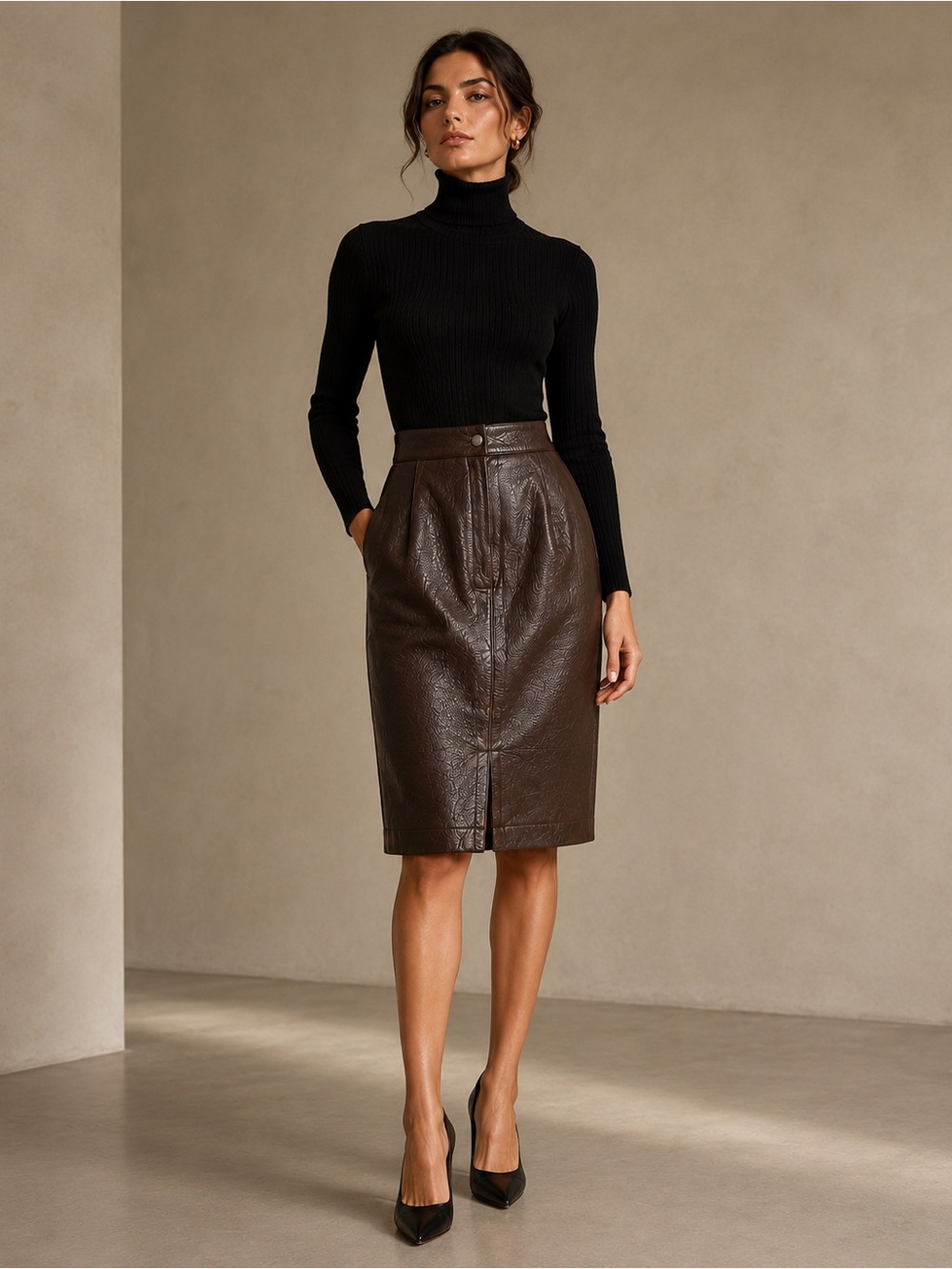 Vintage Azzedine Alaia Paris Brown Pebbled Leather Sculptural Skirt France 10